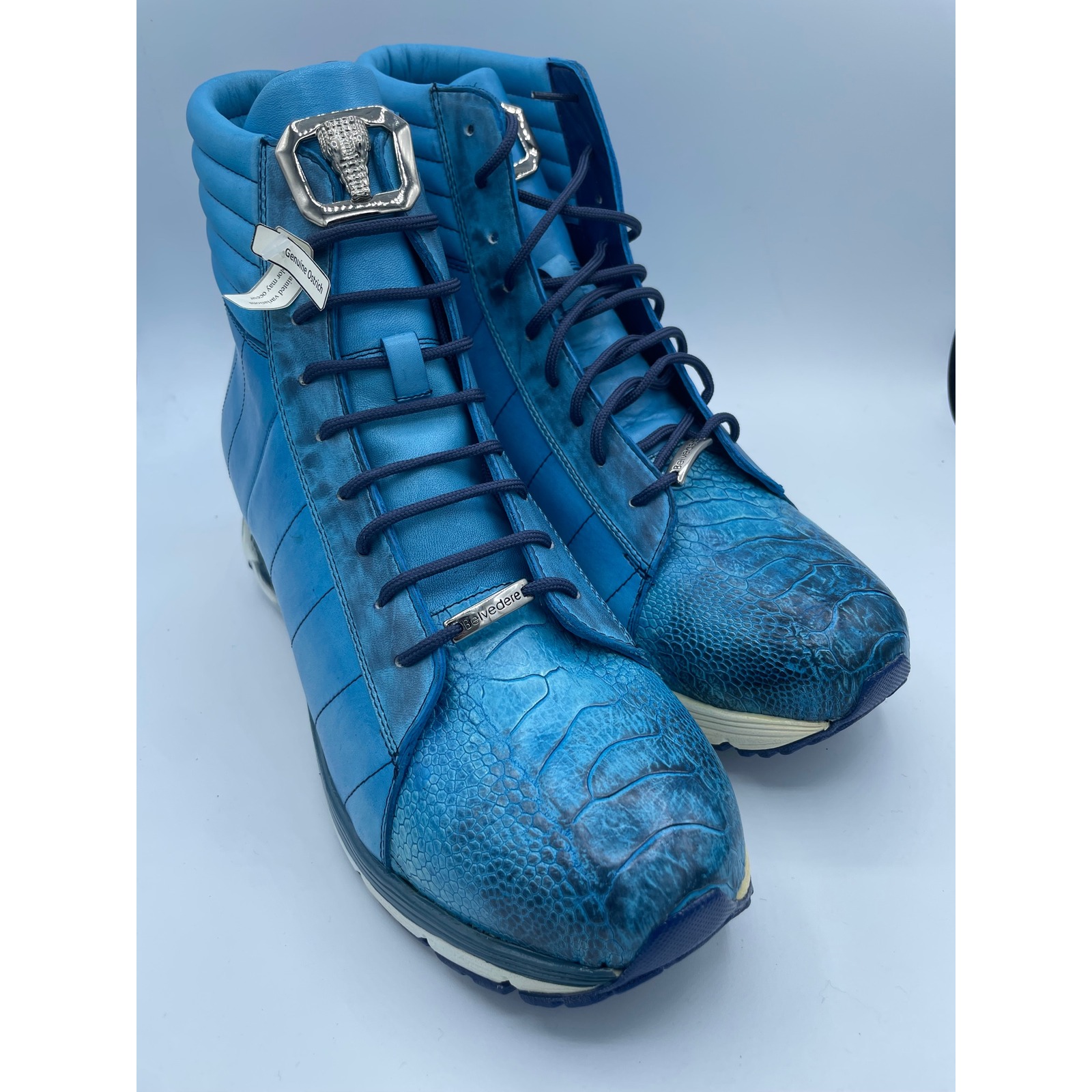 Belvedere Toro Men's Ostrich And Calfskin Leather High Top Sneakers Blue E15 12